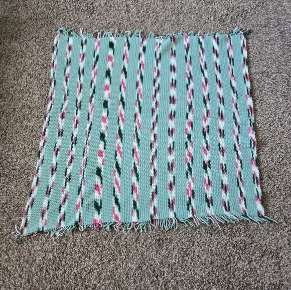 Vintage Shawl Wrap, Leg Warmer Crochet By Hand 1988 With Fringe Greens & Pink - Picture 2 of 9